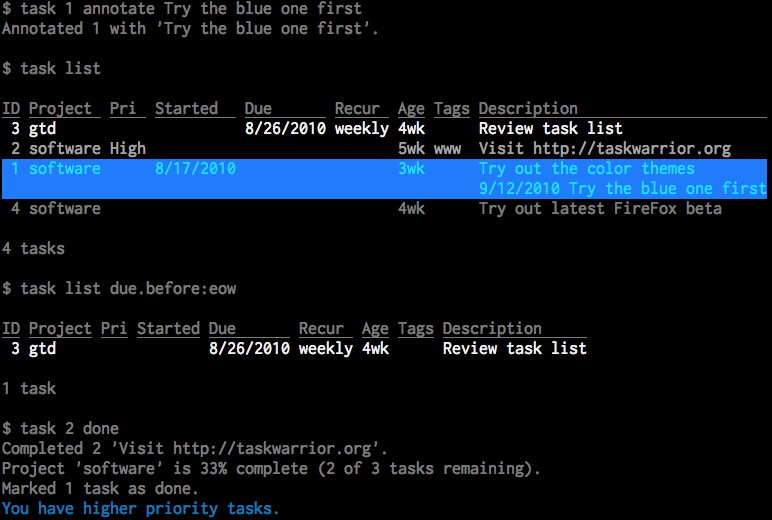TaskWarrior - a command line to-do list for Linux