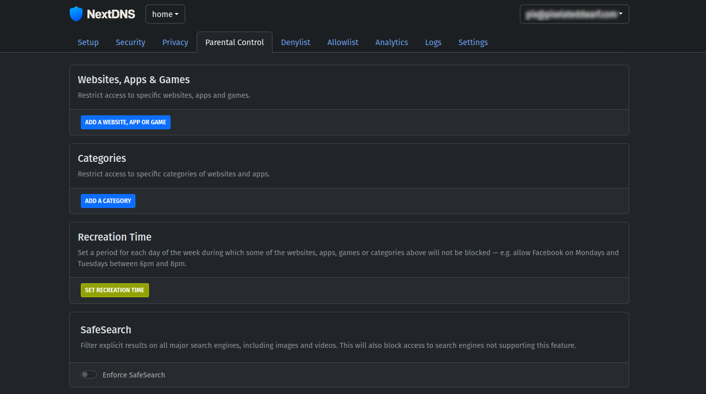 Parental controls page - NextDNS