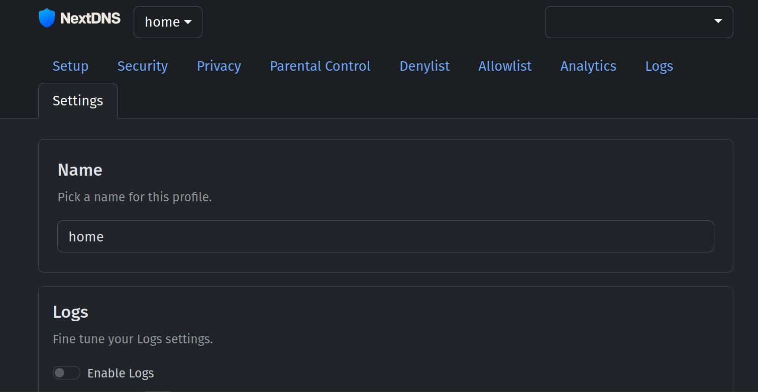 Settings Page - Next DNS