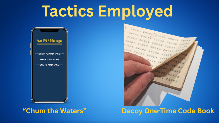Tactics employed: Chum the waters (fake PGP messages with one-time codes embedded), decoy fake one-time pads