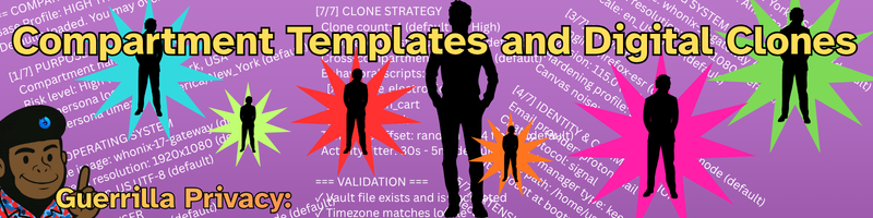 Banner for the article: "Guerrilla Privacy: Compartment Templates and Digital Clones", showing a silhouette of a man with multi colored silhouettes marked "CLONE"