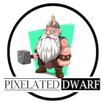 Pixelated Dwarf Logo - A cartoon Dwarf holding a hammer, on his head there is a helmet and on it there is an old candle - it is lit.
