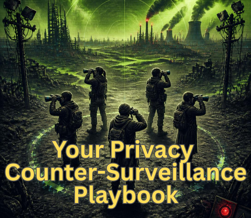 Your Privacy Counter-Surveillance Playbook. Banner illustration showing a group of people in a circle holding binoculars looking out for the enemy. The Background is a dystopian landscape of sensors and a nuclear plant.